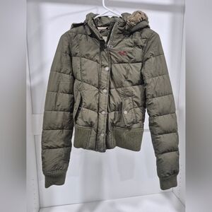Vintage Y2K Hollister Puffer Quilted Down Jacket Coat Parka Faux Fur Hood Green